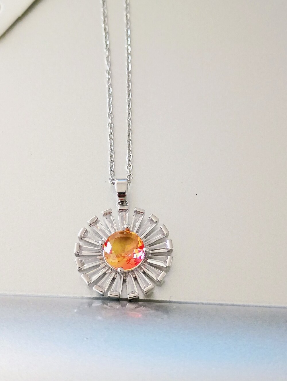 New Silver Sunburst Pendant Necklace with Orange-Pink CZ Stones